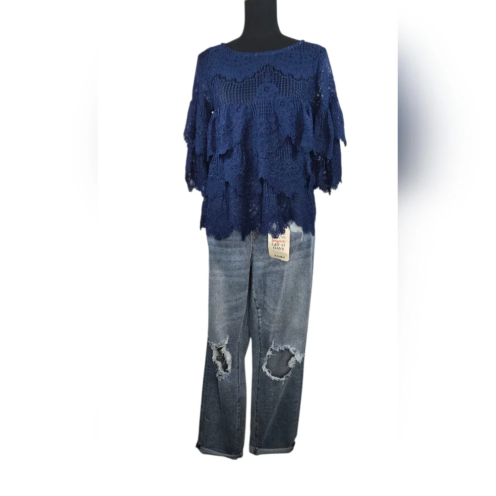 Elena Antoniades London Navy Blue Lace Tiered Blouse M | Floral Crochet Top